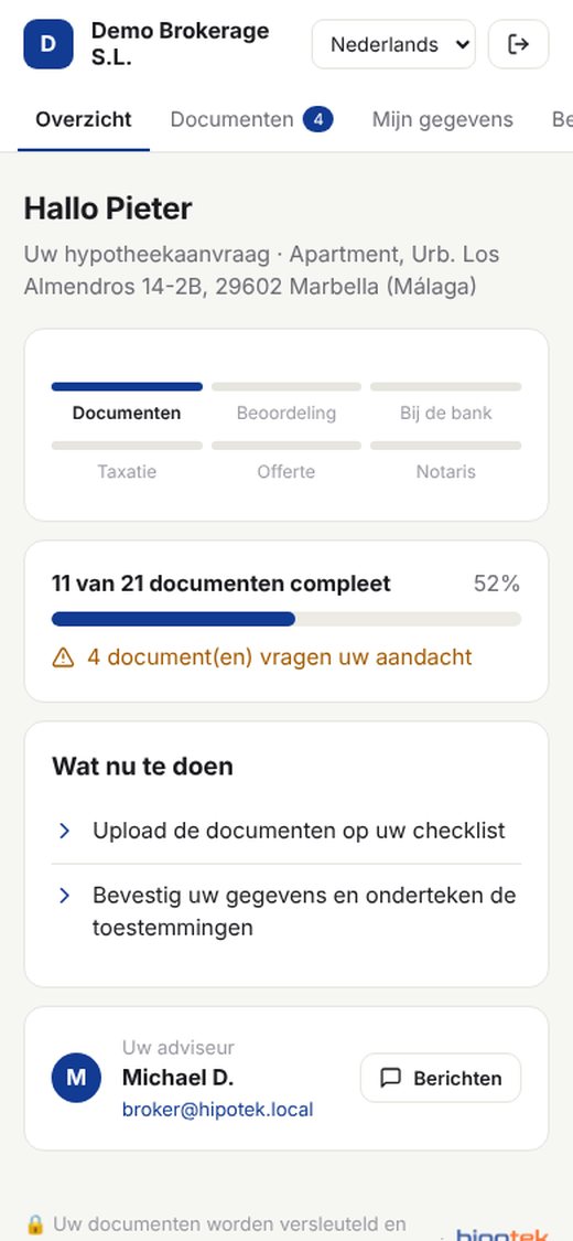 Client portal on a phone, in Dutch, showing application progress