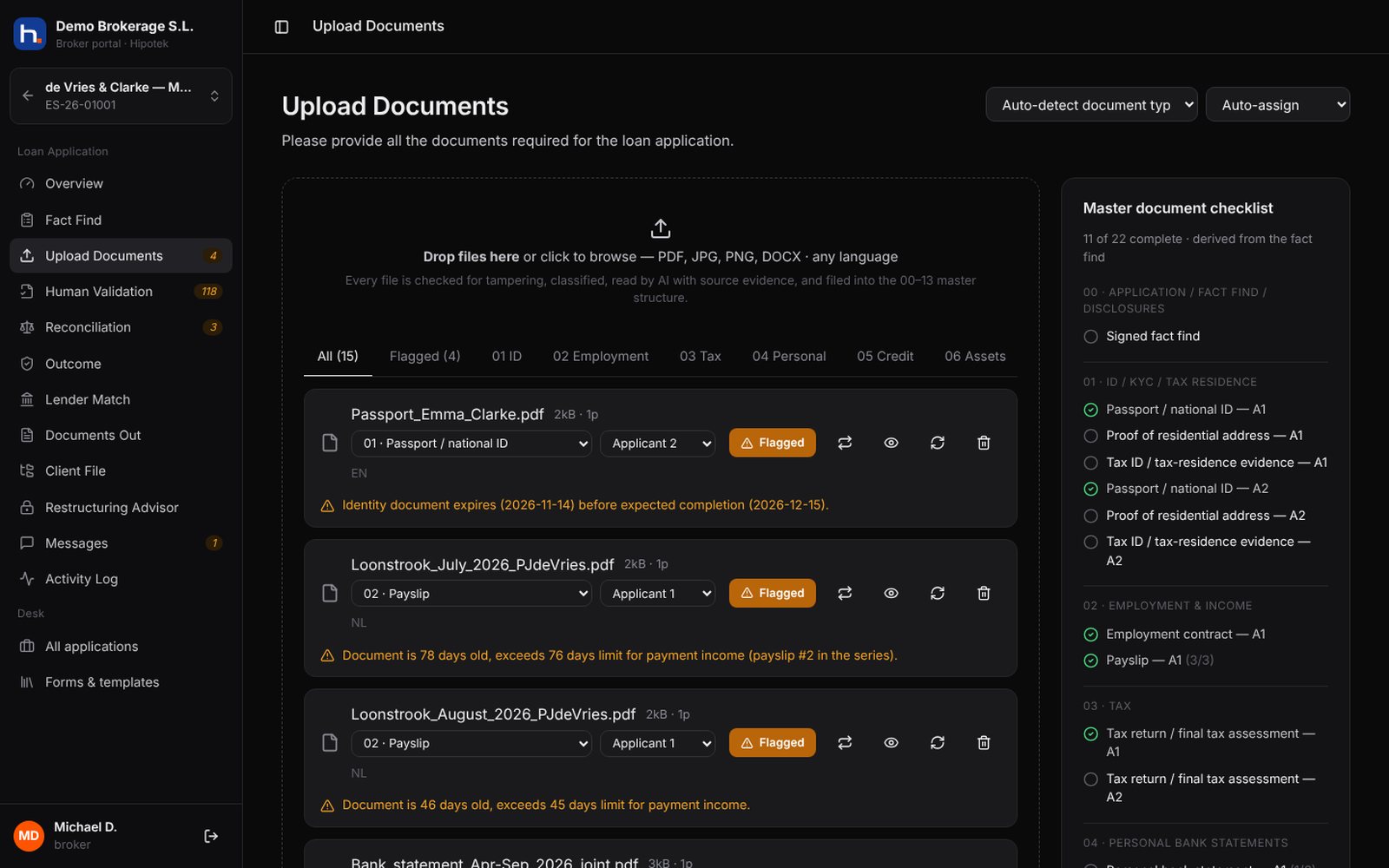 Document upload with integrity flags such as excessive incremental saves and editing software